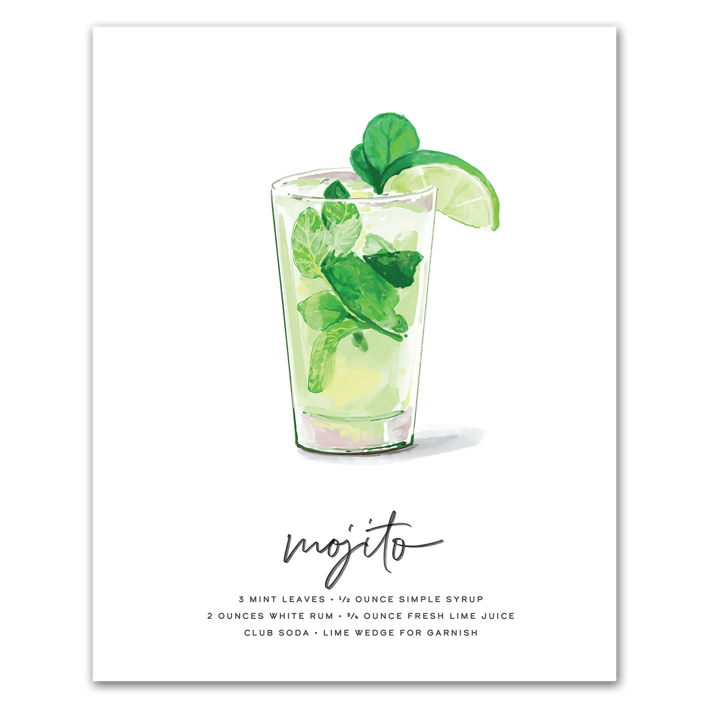 Mojito hand-drawn illustration — cocktail recipe wall art with rum, mint, and lime, 8x10 print for home bar