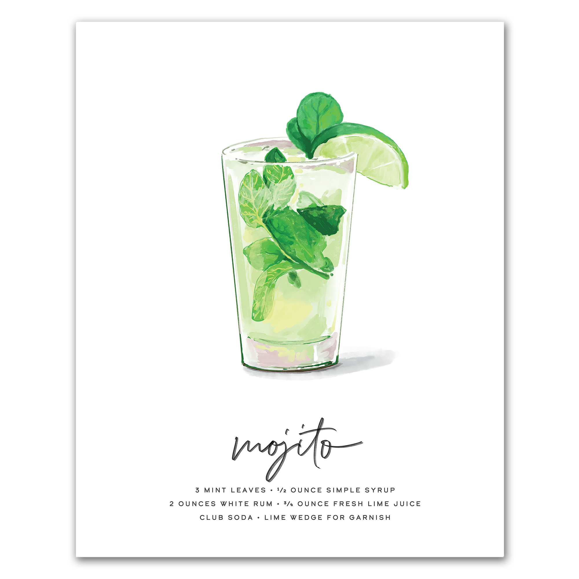Mojito hand-drawn illustration — cocktail recipe wall art with rum, mint, and lime, 8x10 print for home bar