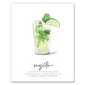 Mojito recipe wall art featuring an Illustration of a mojito cocktail with mint leaves and lime wedges on a white background.