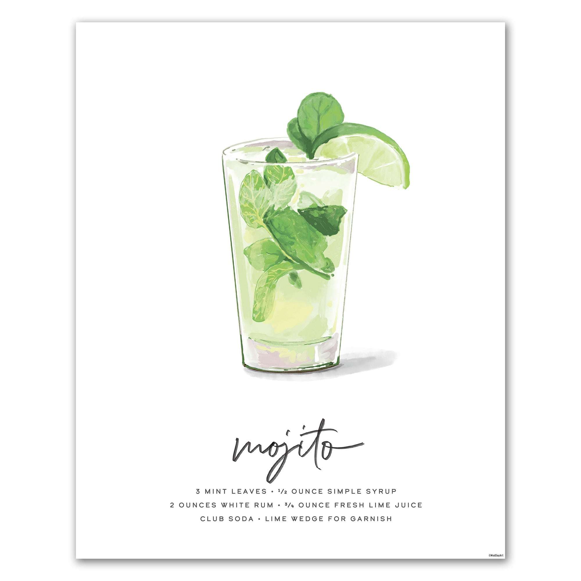 Mojito recipe cocktail art featuring an Illustration of a mojito cocktail with mint leaves and lime wedges on a white background.