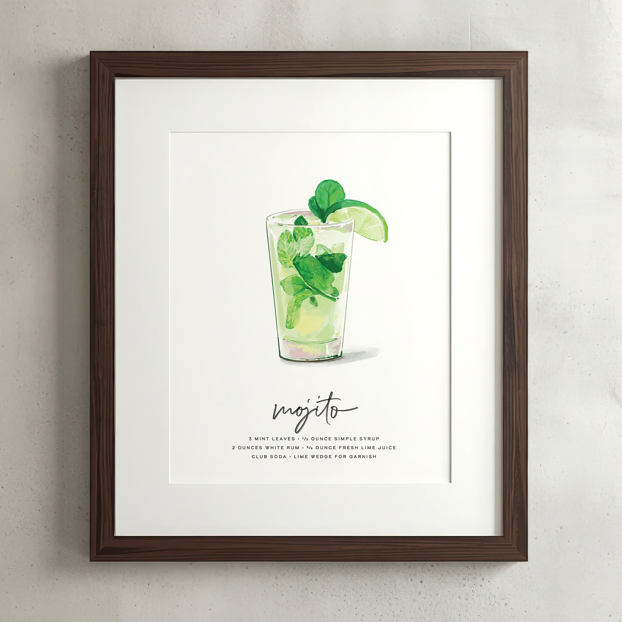 Mojito cocktail wall art poster in a walnut frame, hand-drawn recipe illustration, 8x10 print