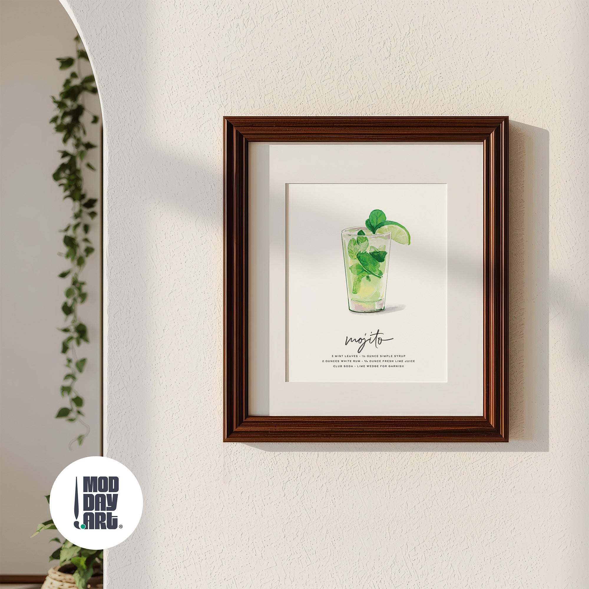 Framed Mojito recipe cocktail wall art poster artwork of a mojito drink on a wall with 'Mod Day Art' logo.