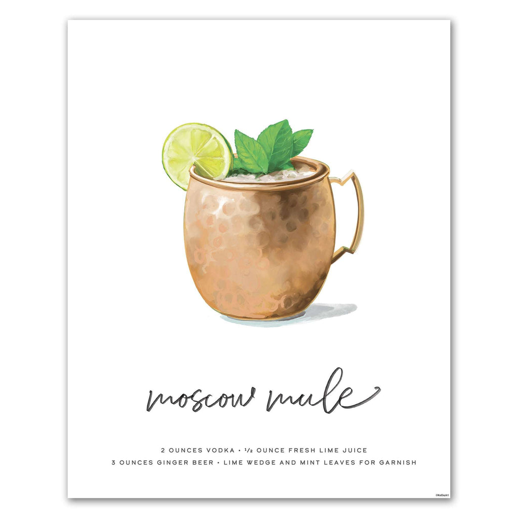 Moscow Mule wall art featuring copper mug with lime wedge and mint garnish illustration