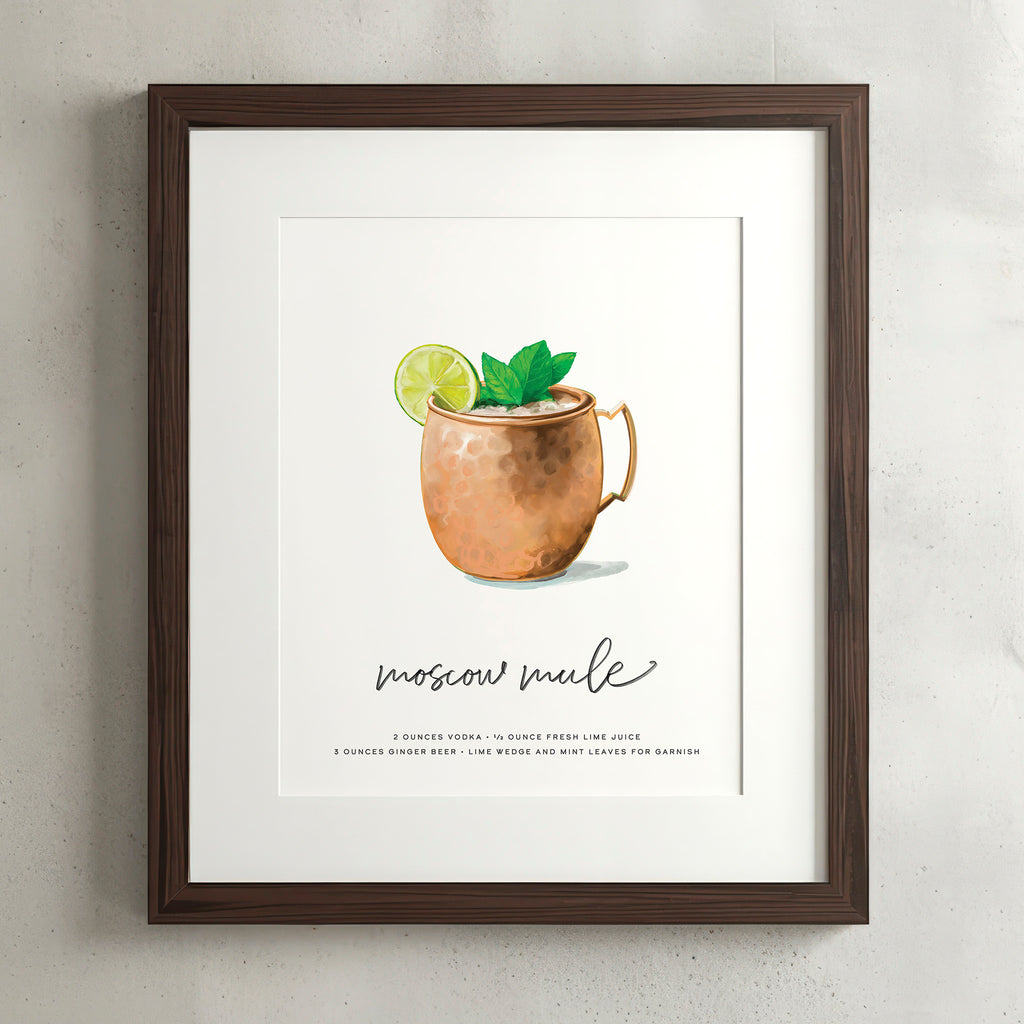 Moscow Mule cocktail wall art poster in a walnut frame, hand-drawn recipe illustration, 8x10 print