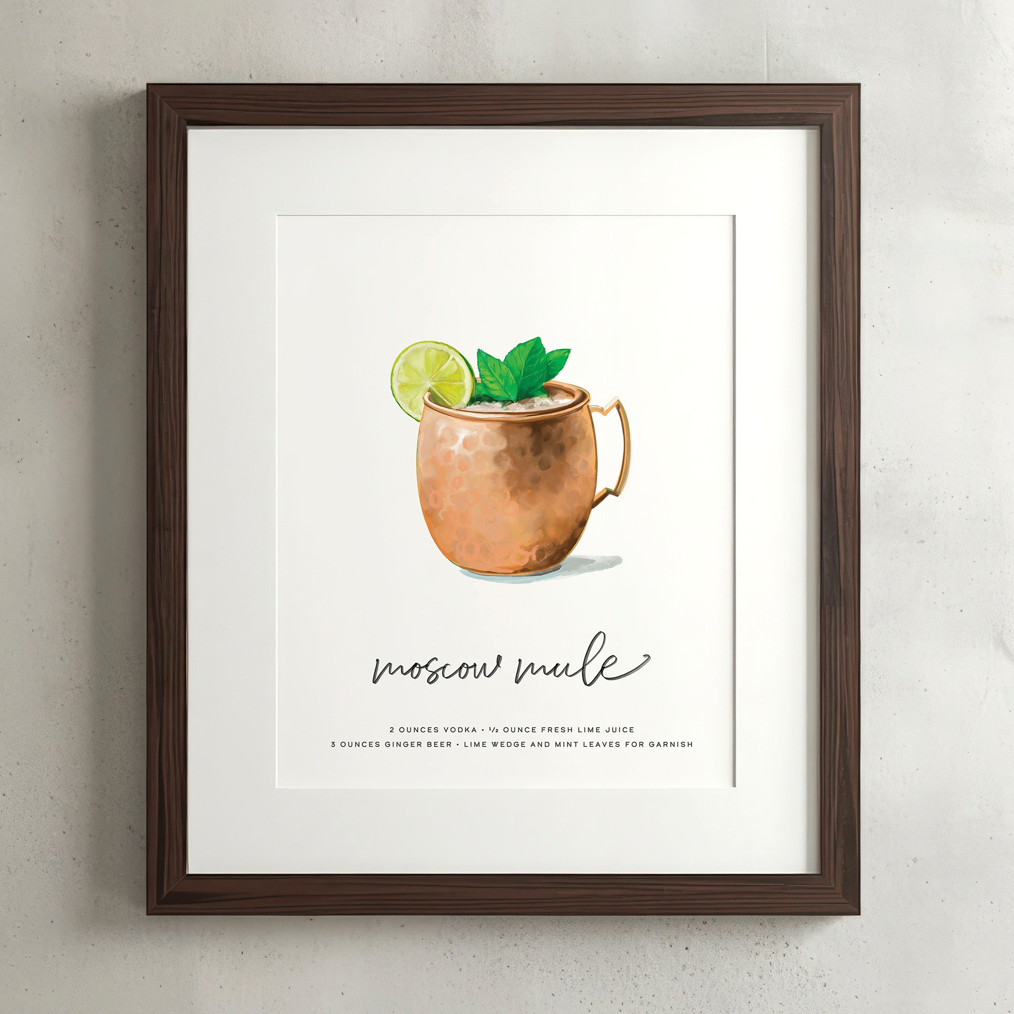 Moscow Mule cocktail wall art poster in a walnut frame, hand-drawn recipe illustration, 8x10 print