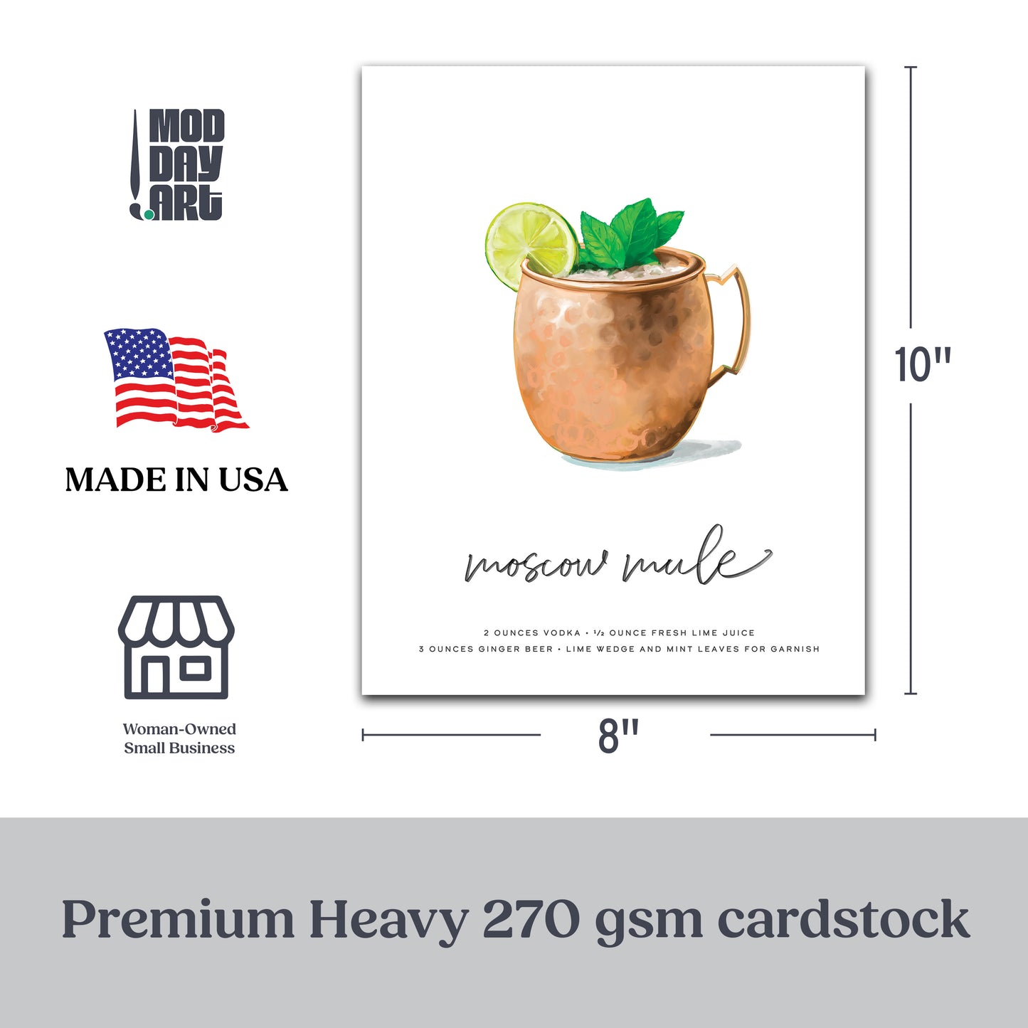 Moscow Mule Cocktail Wall Art dimensions and certifications