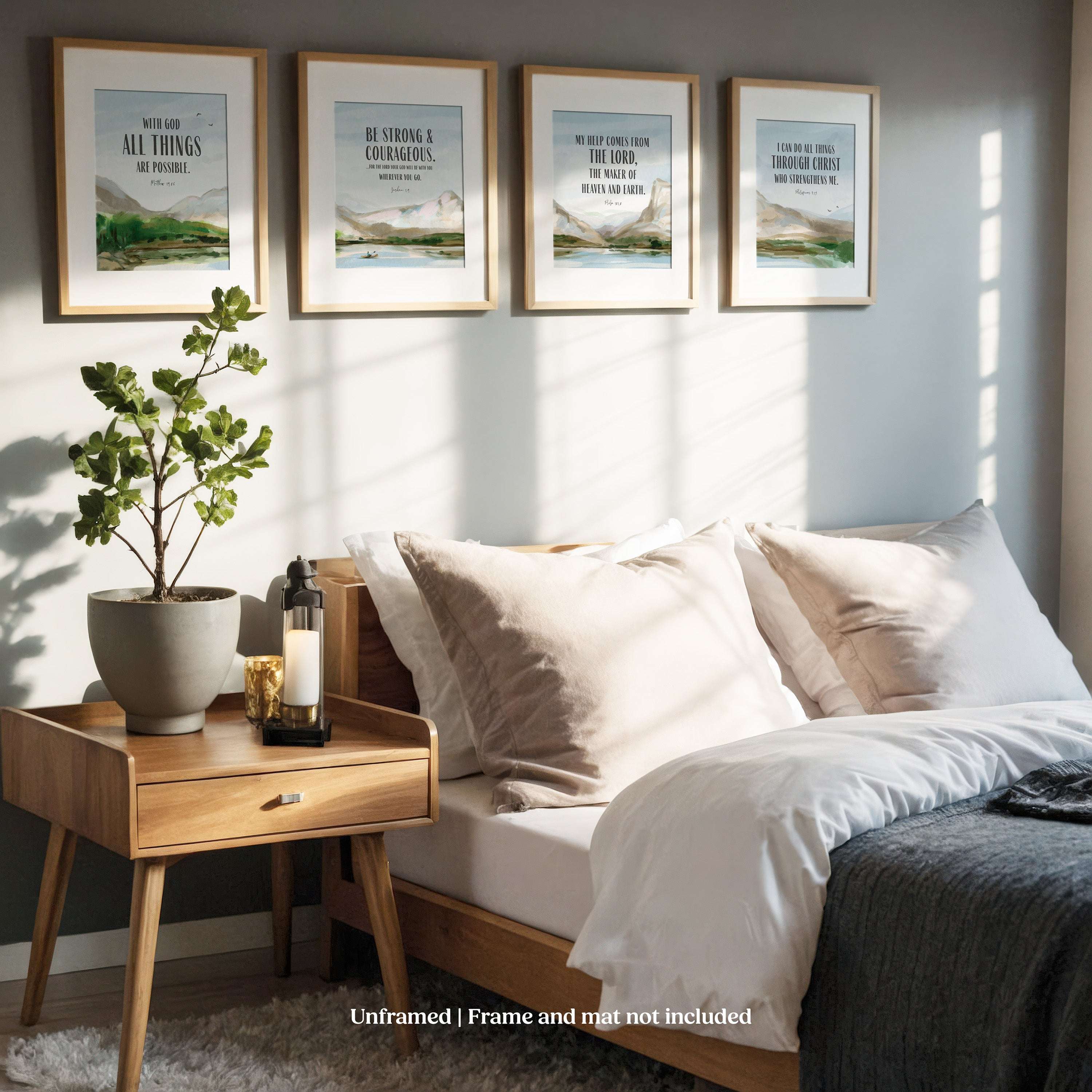 Bedroom with framed Joshua 1:9 Christian wall art on the wall and a wooden nightstand.
