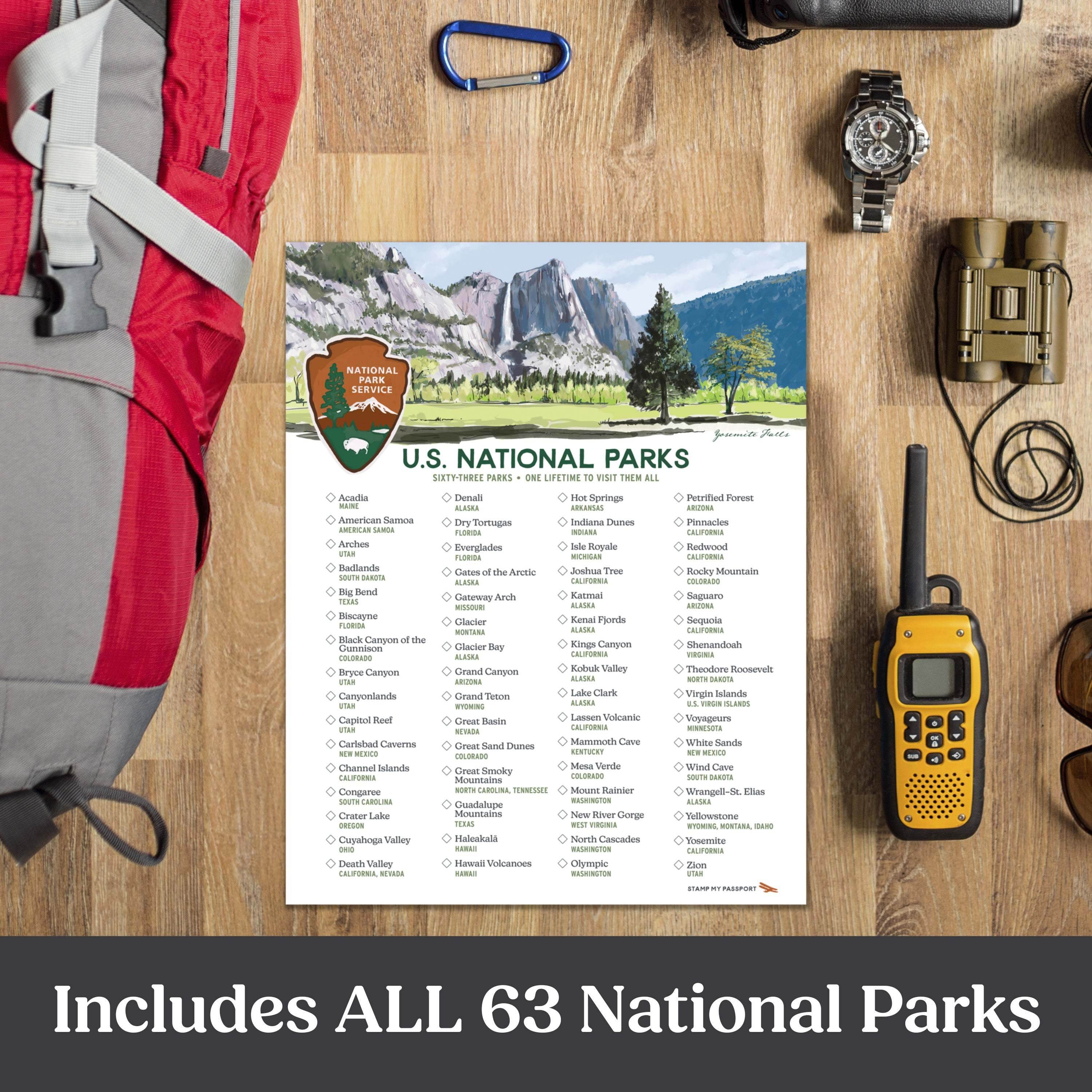 Flat lay of a National Parks checklist poster