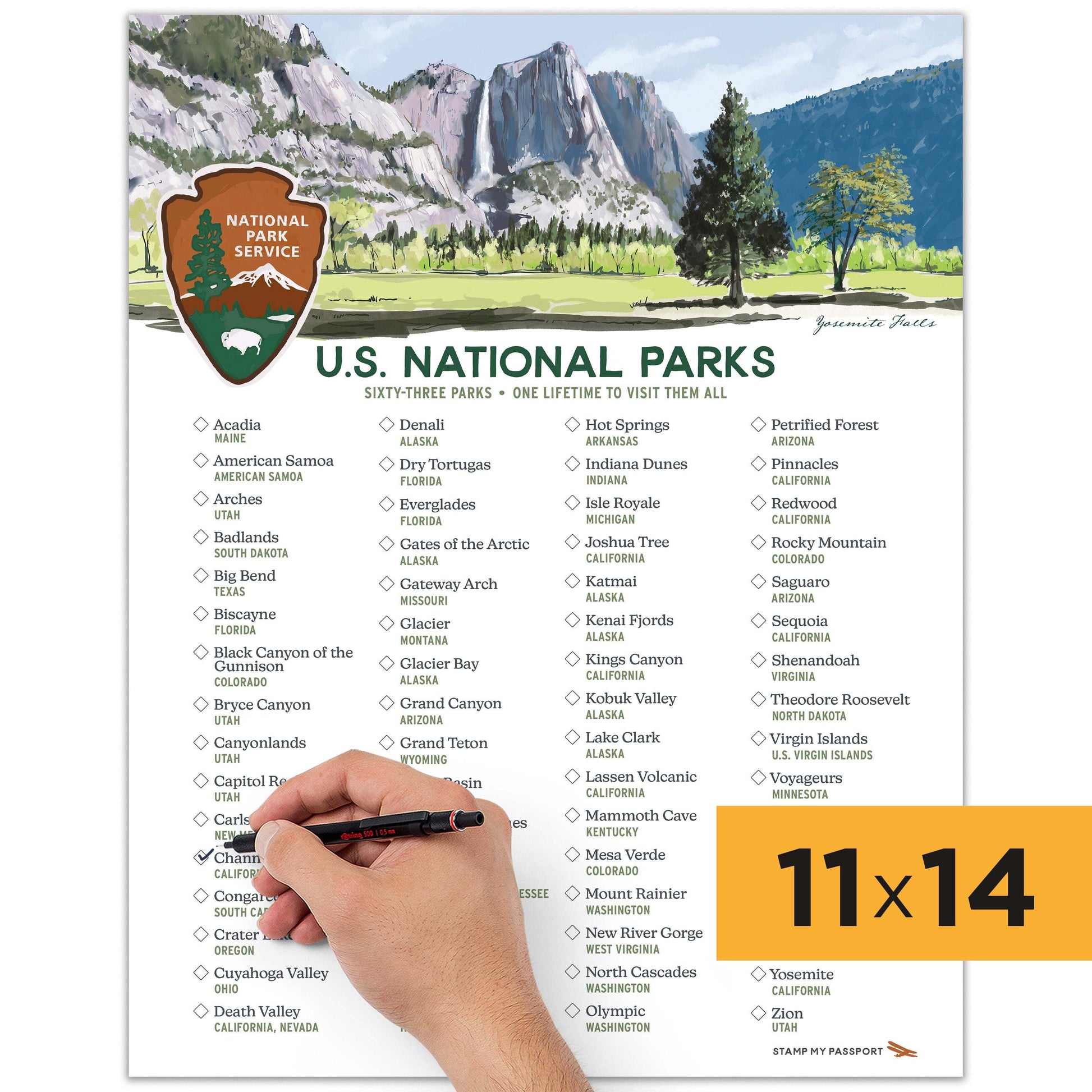 Checklist poster for tracking U.S. National Parks visited, featuring minimalist design and iconic landscapes.