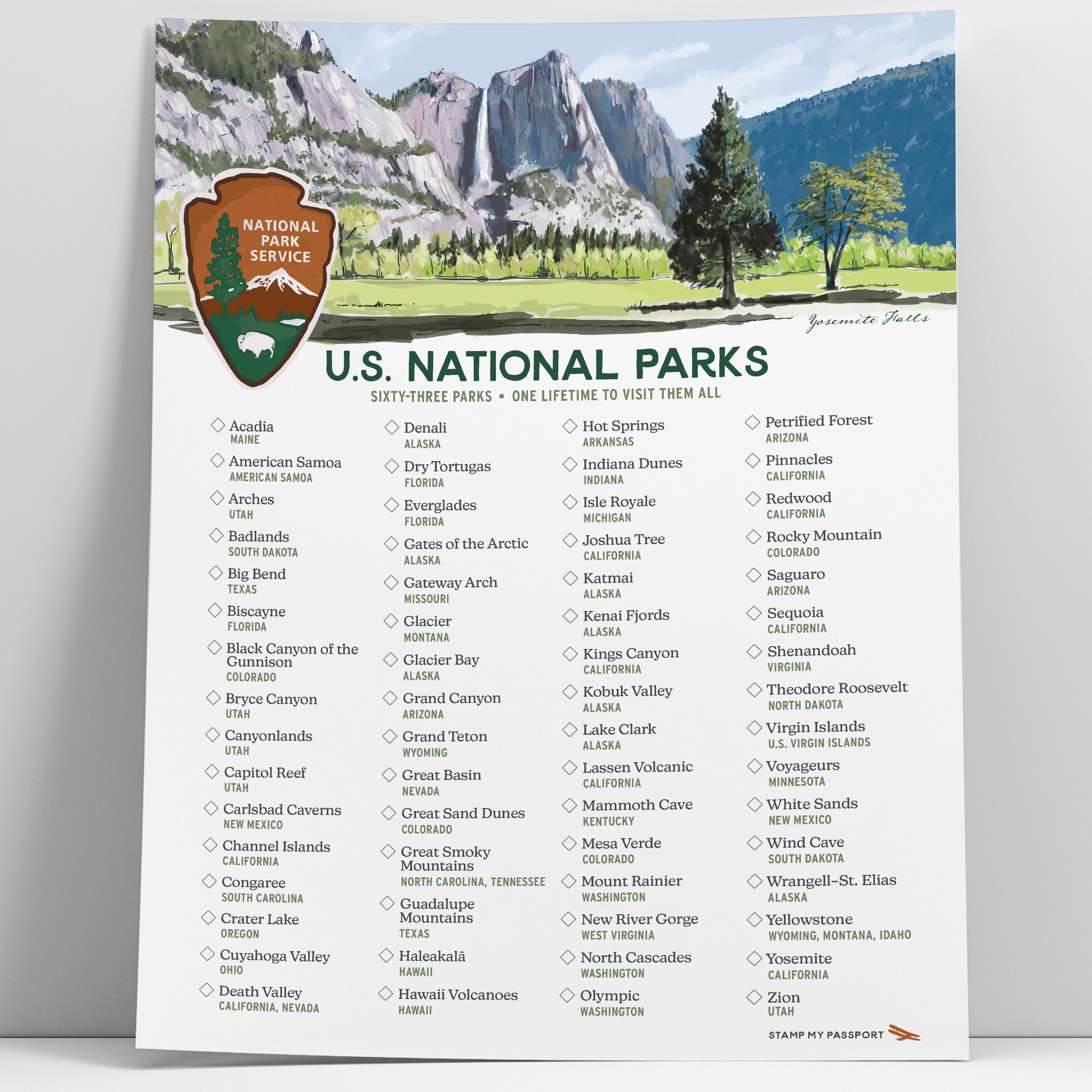 National Parks Bucket List Poster | Check Off All 63 Parks