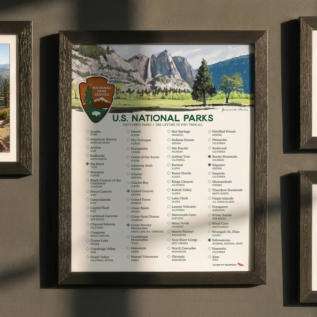 Framed poster of U.S. National Parks with a list and national park logo on a gray wall.