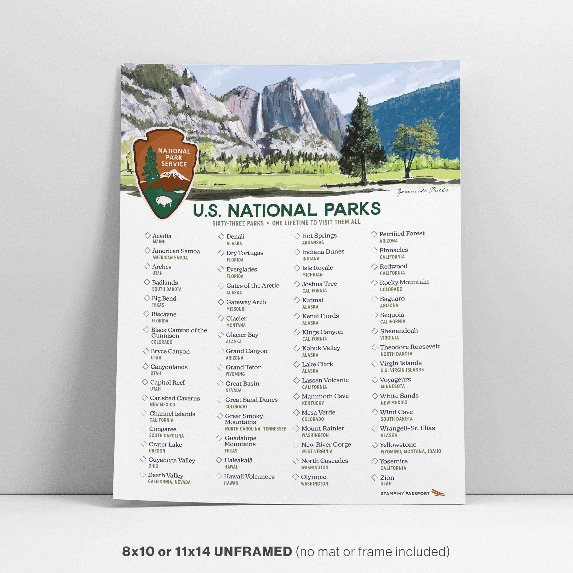 National Park Checklist Poster all 63 national parks