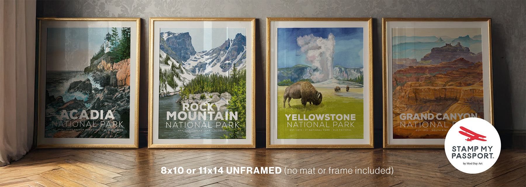 National Park Posters arranged in frames along a wall