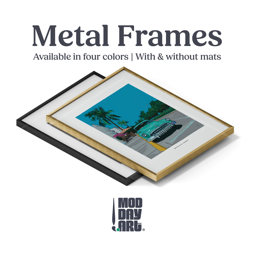 Two metal frames shown on a white background, one black frame and one gold frame, both with white mats and a colorful art print featuring a turquoise car and palm trees. Text at the top reads 'Metal Frames' and 'Available in four colors | With & without mats,' with the 'MOD DAY ART.
