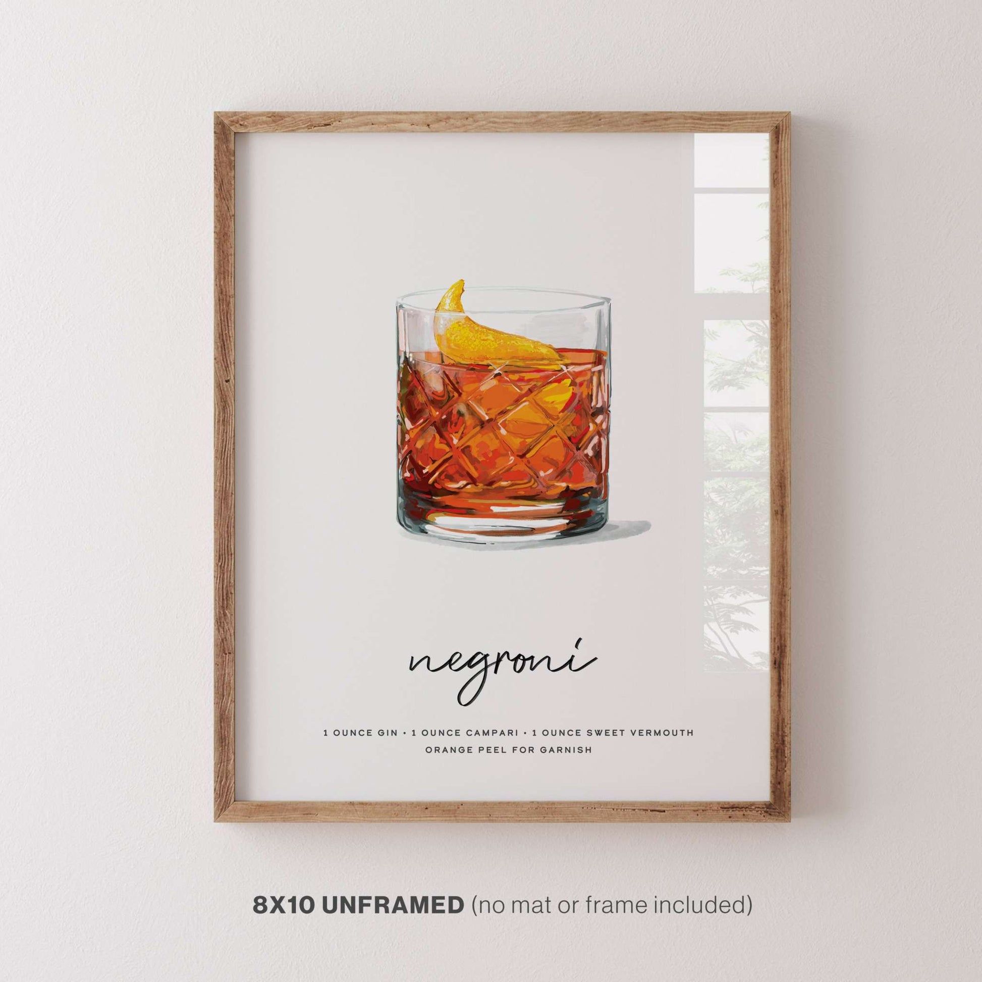 Negroni Cocktail Wall Art displayed in a modern wood frame, elegantly mounted on a wall for stylish home bar decor.