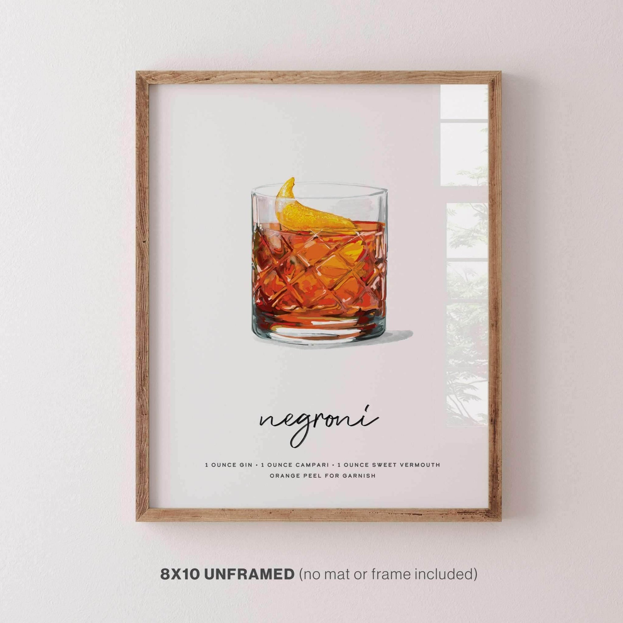 Negroni Cocktail Wall Art displayed in a modern wood frame, elegantly mounted on a wall for stylish home bar decor.