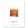 Negroni recipe cocktail art featuring cocktail glass with negroni recipe on a white background