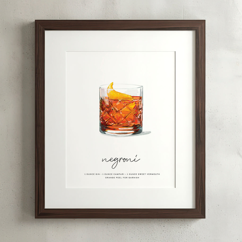 Negroni cocktail wall art poster in a walnut frame, hand-drawn recipe illustration, 8x10 print