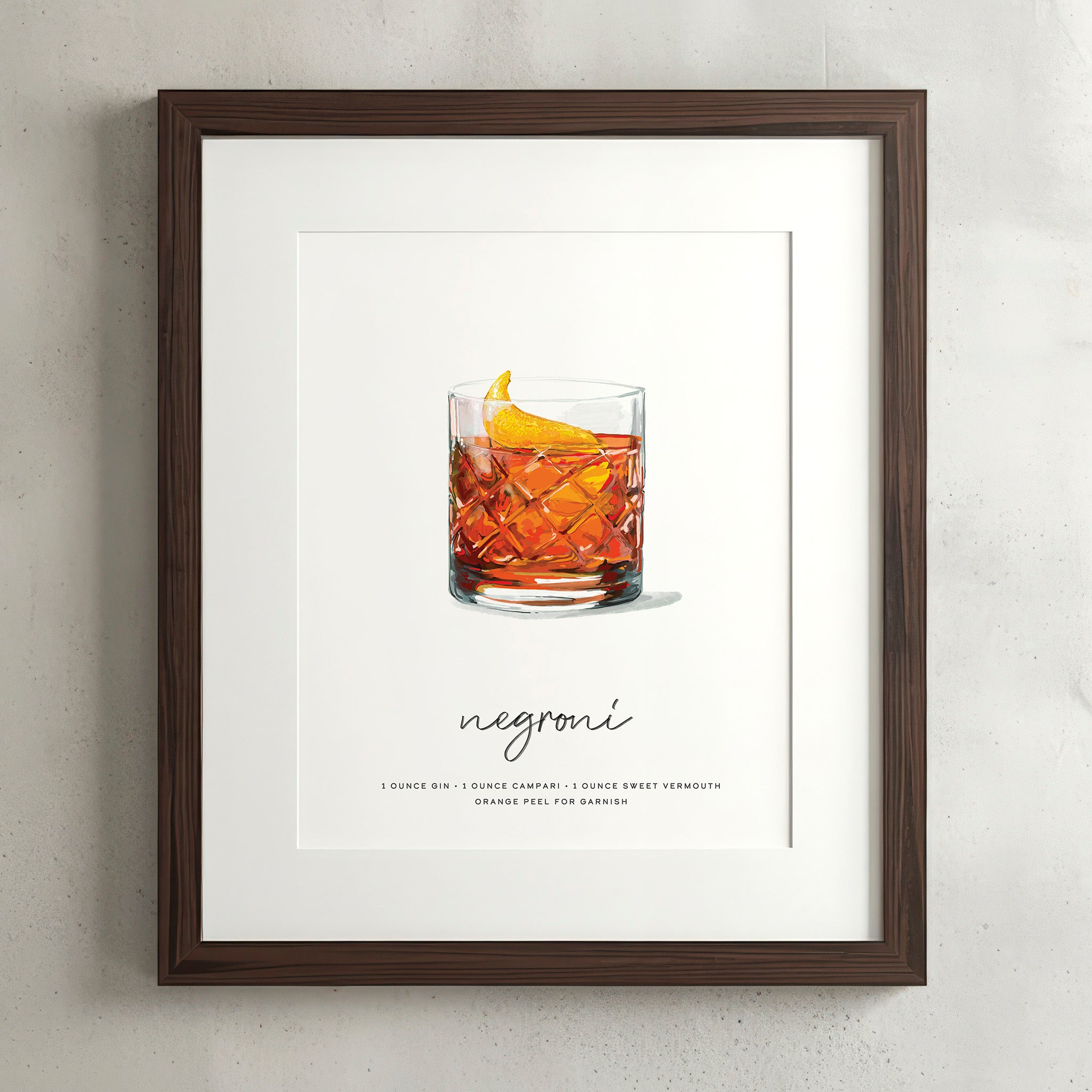 Negroni cocktail wall art poster in a walnut frame, hand-drawn recipe illustration, 8x10 print