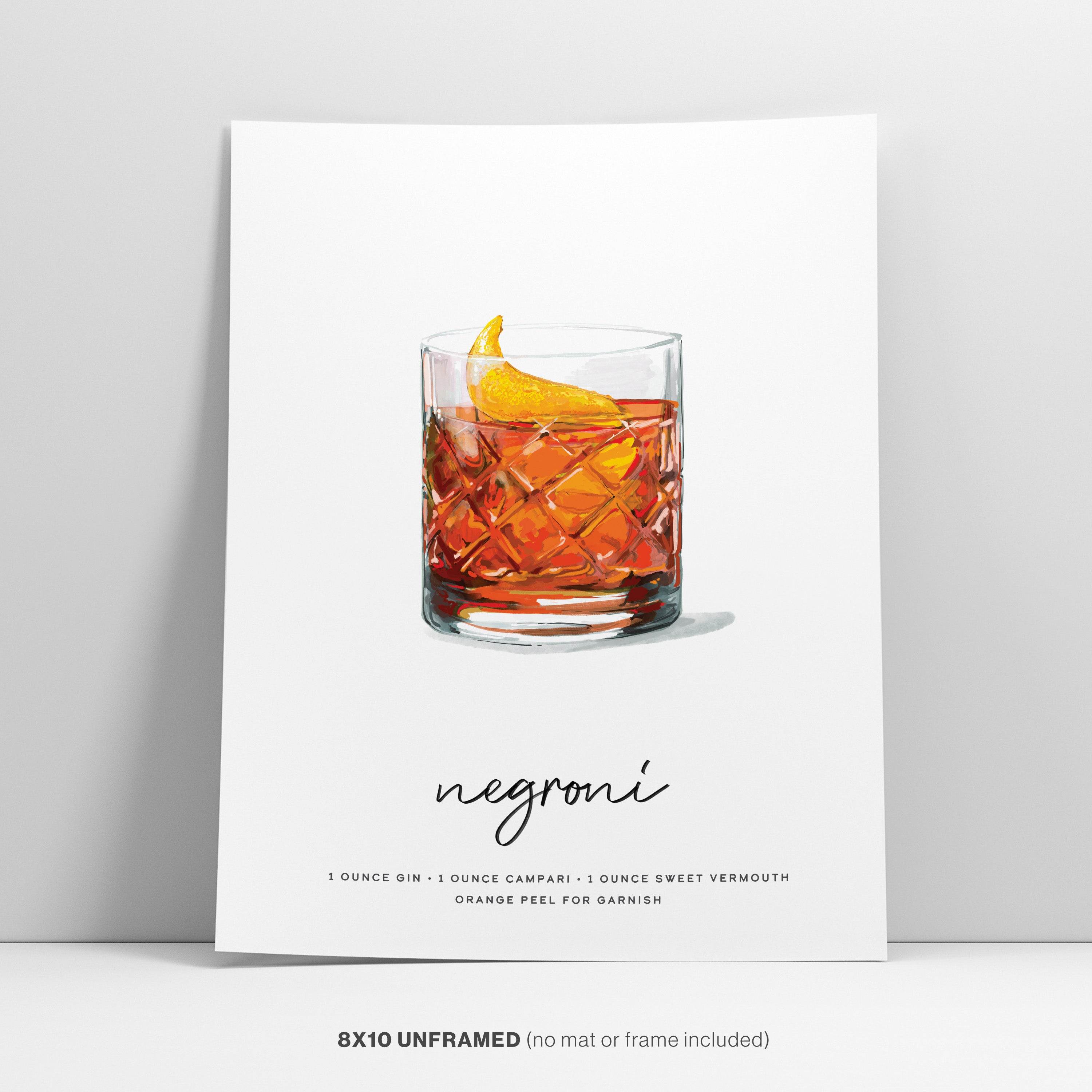 Negroni cocktail art print featuring classic recipe in cut crystal glass with orange peel garnish. 8x10 unframed minimalist bar decor illustration with ingredients listed below elegant script lettering.