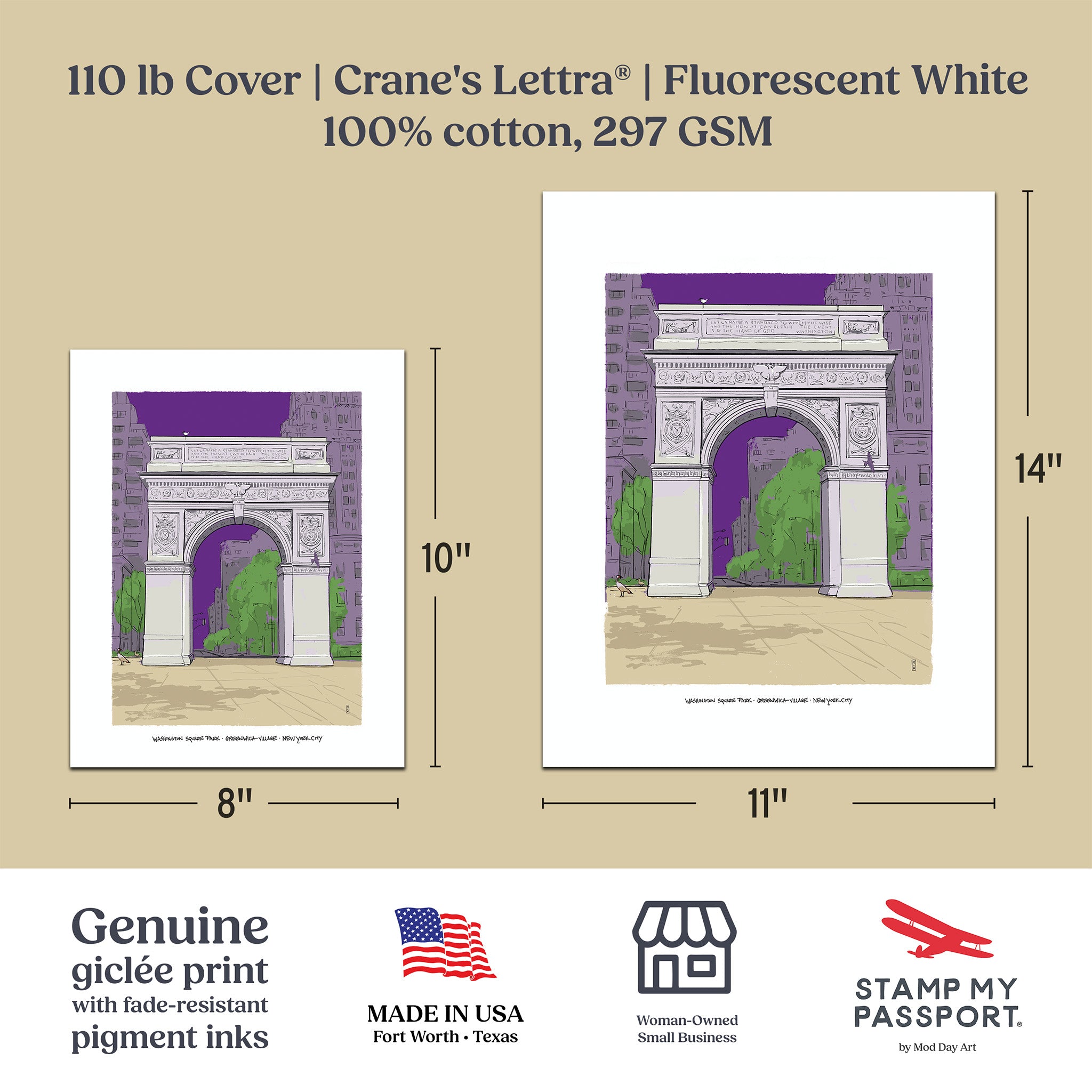 A product information graphic for a Crane's Lettra art print. The print features an illustration of a stone archway with a purple background and green foliage.