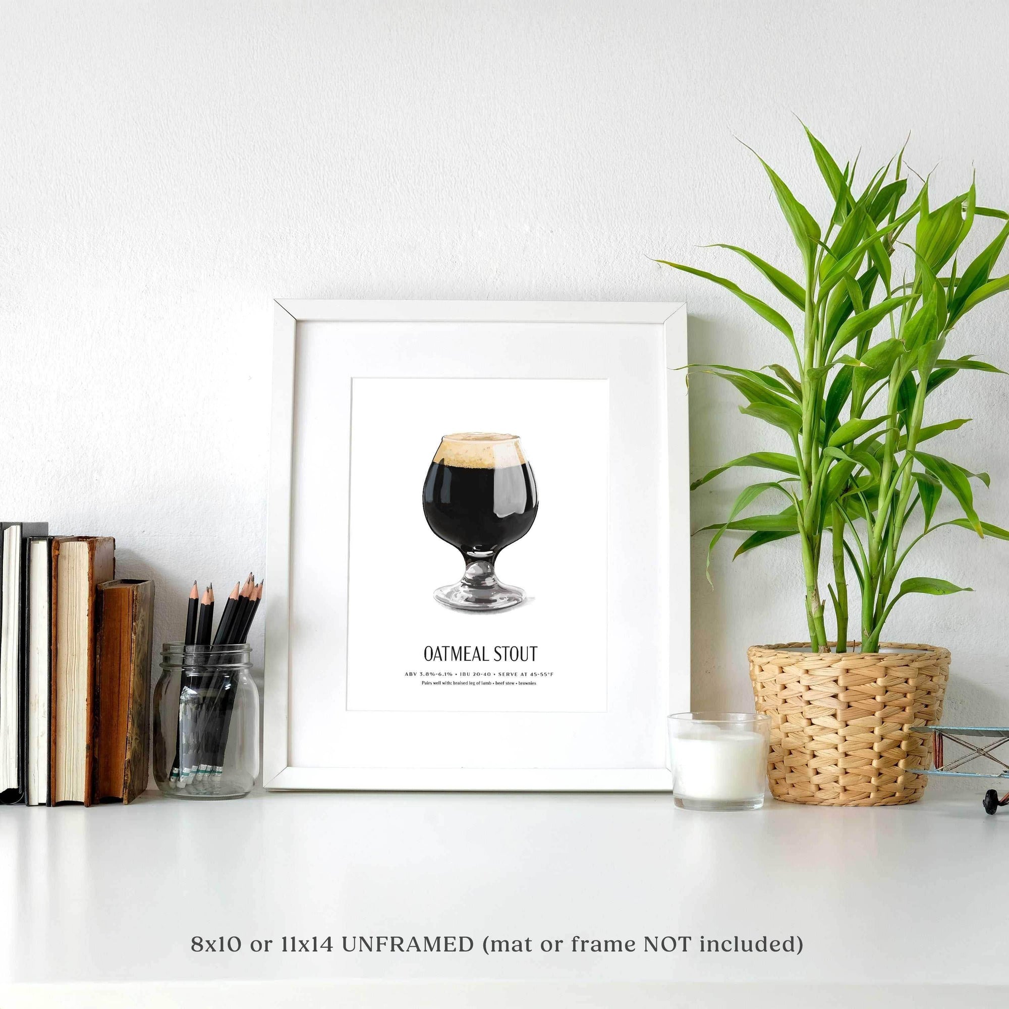 Oatmeal Stout Beer Poster in frame shown on shelf.