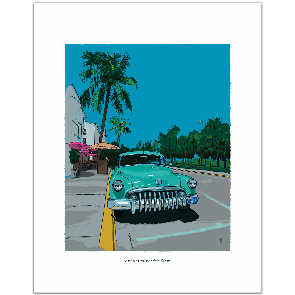 Ocean Drive by Day Miami Beach art print shown at 11 x 14 inches with a wide white border. A mint-green vintage Buick sits on Ocean Drive under palm trees and a blue sky.