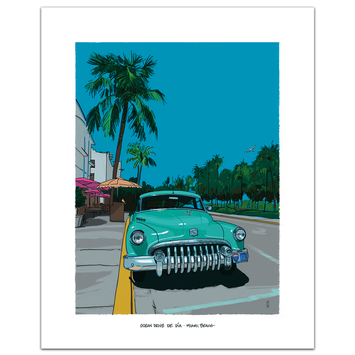 Ocean Drive by Day Miami Beach art print shown at 8 x 10 inches with a wide white border. A mint-green vintage Buick sits on Ocean Drive under palm trees and a blue sky.