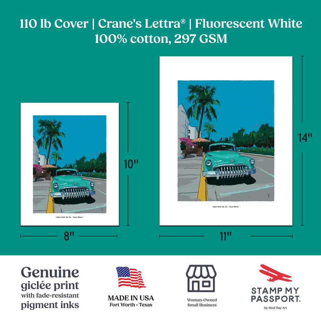 Size guide for the Ocean Drive by Day Miami Beach art print comparing the 8 x 10 inch and 11 x 14 inch prints, on Crane's Lettra 110 lb cover, 100% cotton at 297 GSM, a genuine giclee made in Fort Worth, Texas.