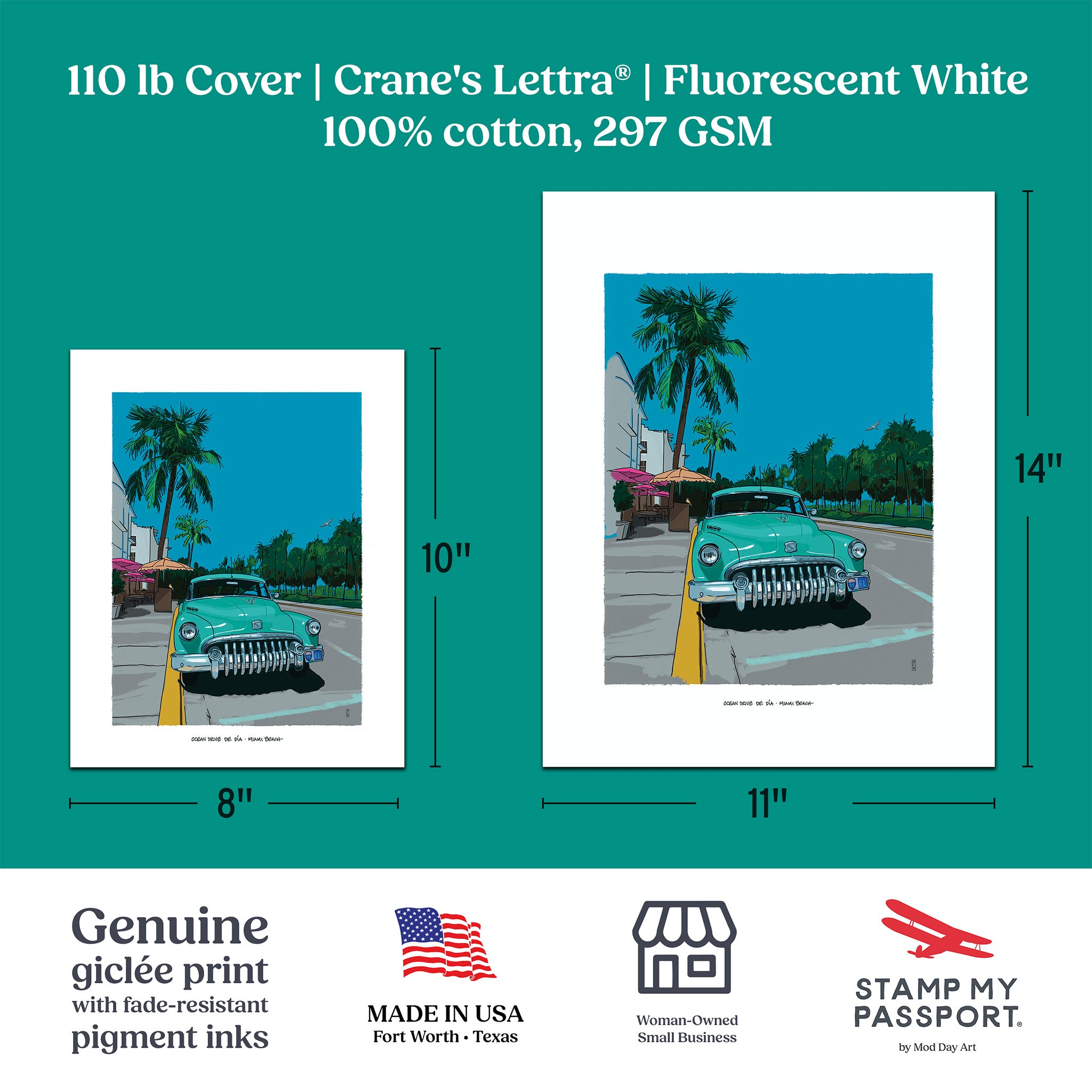 Size guide for the Ocean Drive by Day Miami Beach art print comparing the 8 x 10 inch and 11 x 14 inch prints, on Crane's Lettra 110 lb cover, 100% cotton at 297 GSM, a genuine giclee made in Fort Worth, Texas.