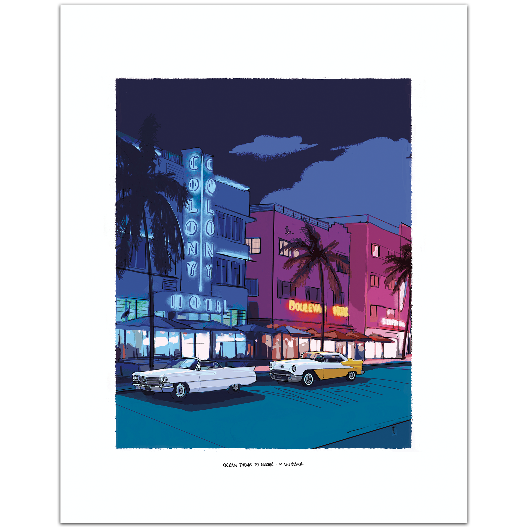 A stylized art print titled 'Colony Street at Night' by artist Frank Rahn, featuring a vibrant retro Miami Beach scene with neon-lit buildings in blue, pink, and yellow, and two vintage cars on a dark blue street, presented with a wide white border.
