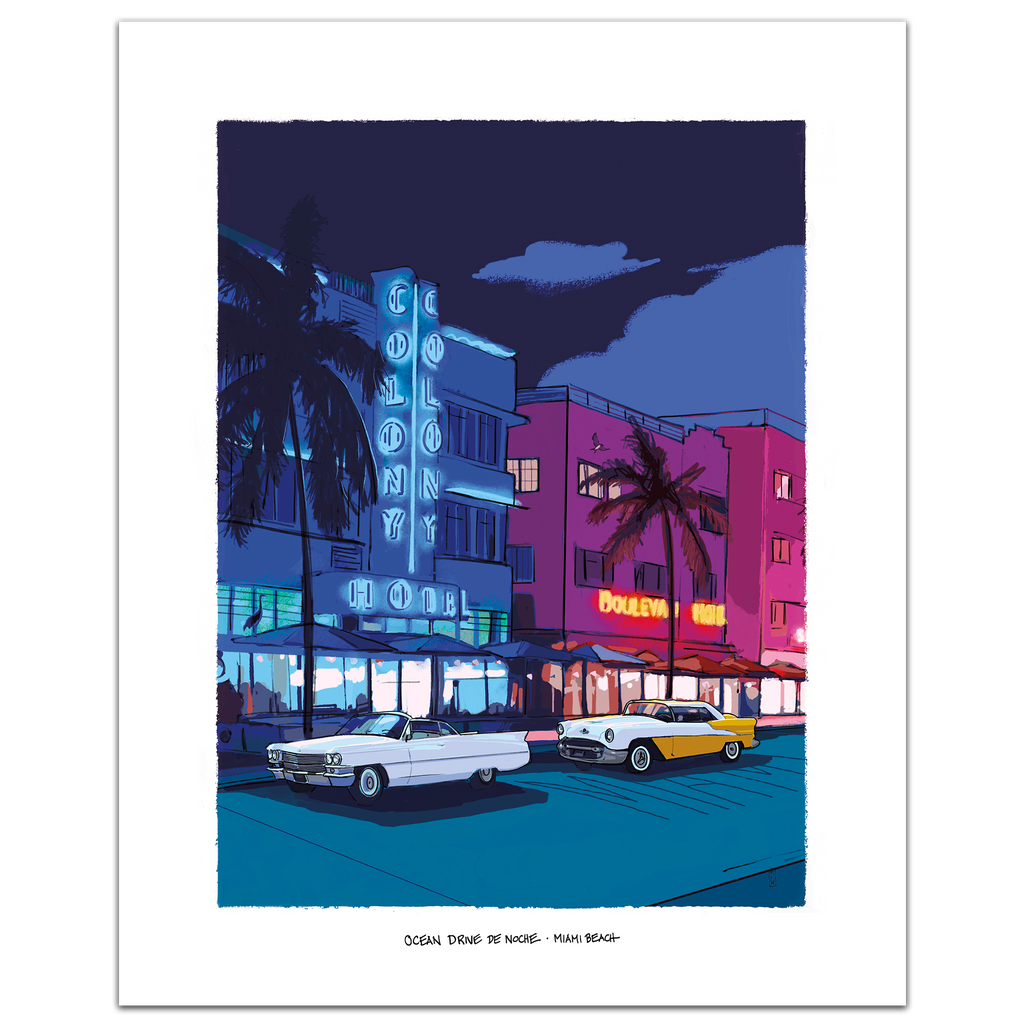 A stylized art print of Ocean Drive at Night in Miami Beach, featuring retro neon-lit buildings, palm trees, and two classic cars on a white border with small caption text at the bottom.