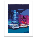 A stylized art print of Ocean Drive at Night in Miami Beach, featuring retro neon-lit buildings, palm trees, and two classic cars on a white border with small caption text at the bottom.