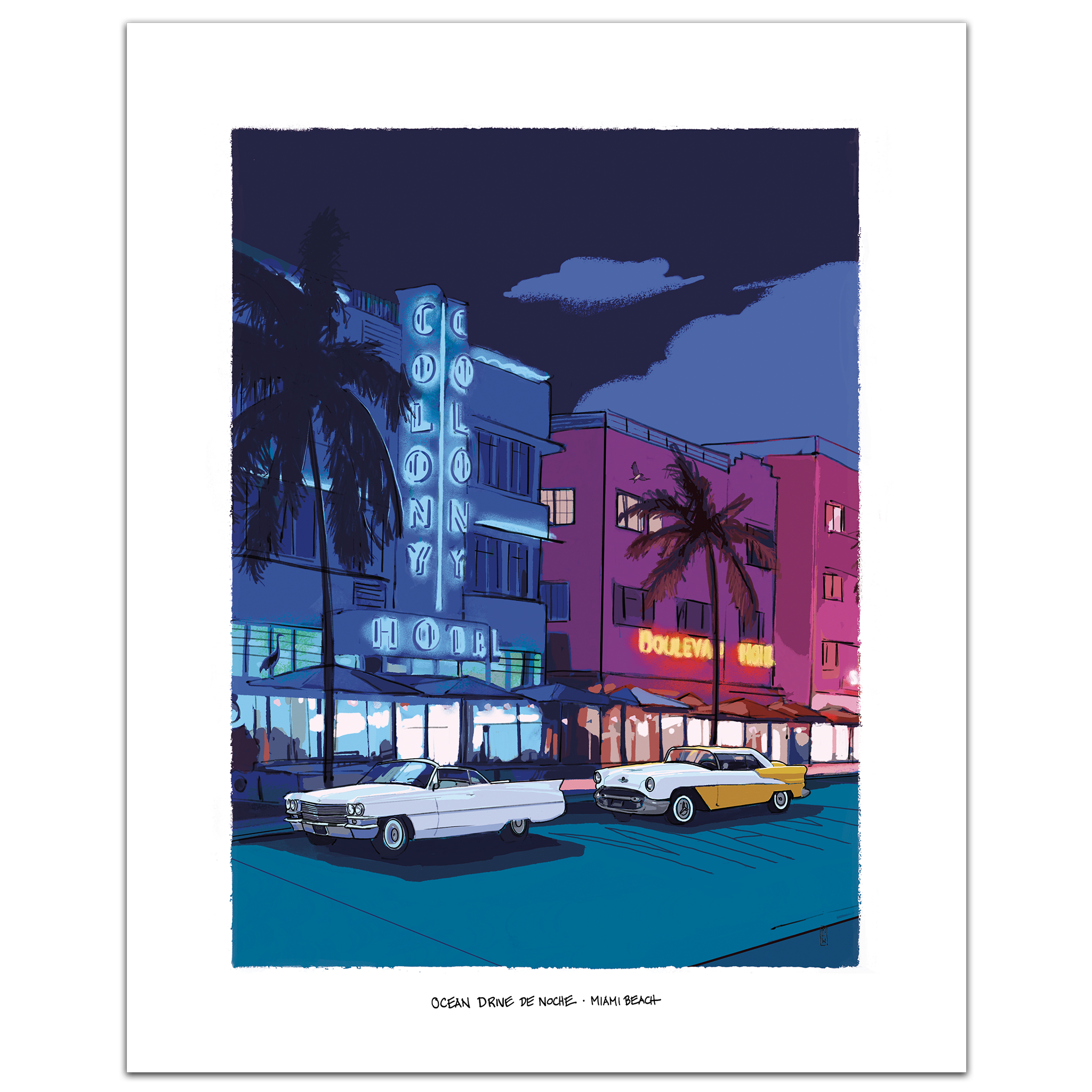 A stylized art print of Ocean Drive at Night in Miami Beach, featuring retro neon-lit buildings, palm trees, and two classic cars on a white border with small caption text at the bottom.