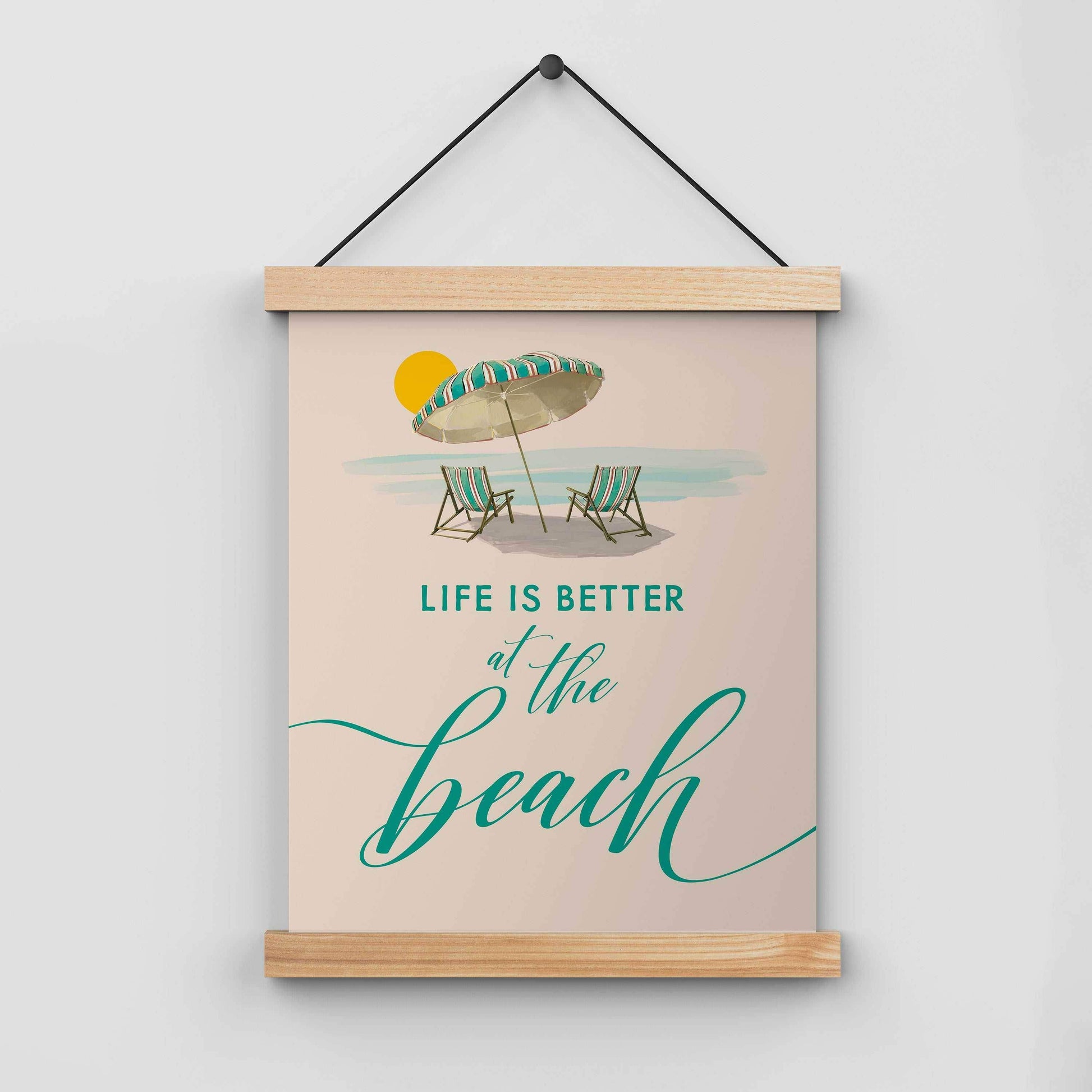 "Life is Better at the Beach" coastal wall art with beach sunset illustration, 8x10 hand-drawn print on premium cardstock.