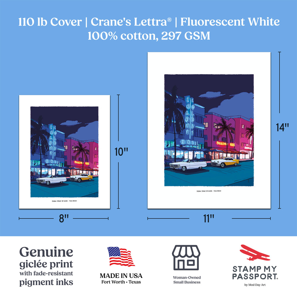 A product information graphic for a framed art print. The central subject is a framed print showing a neon-lit street scene at night, with dimension callouts indicating 8 x 10 inches and 11 x 14 inches.