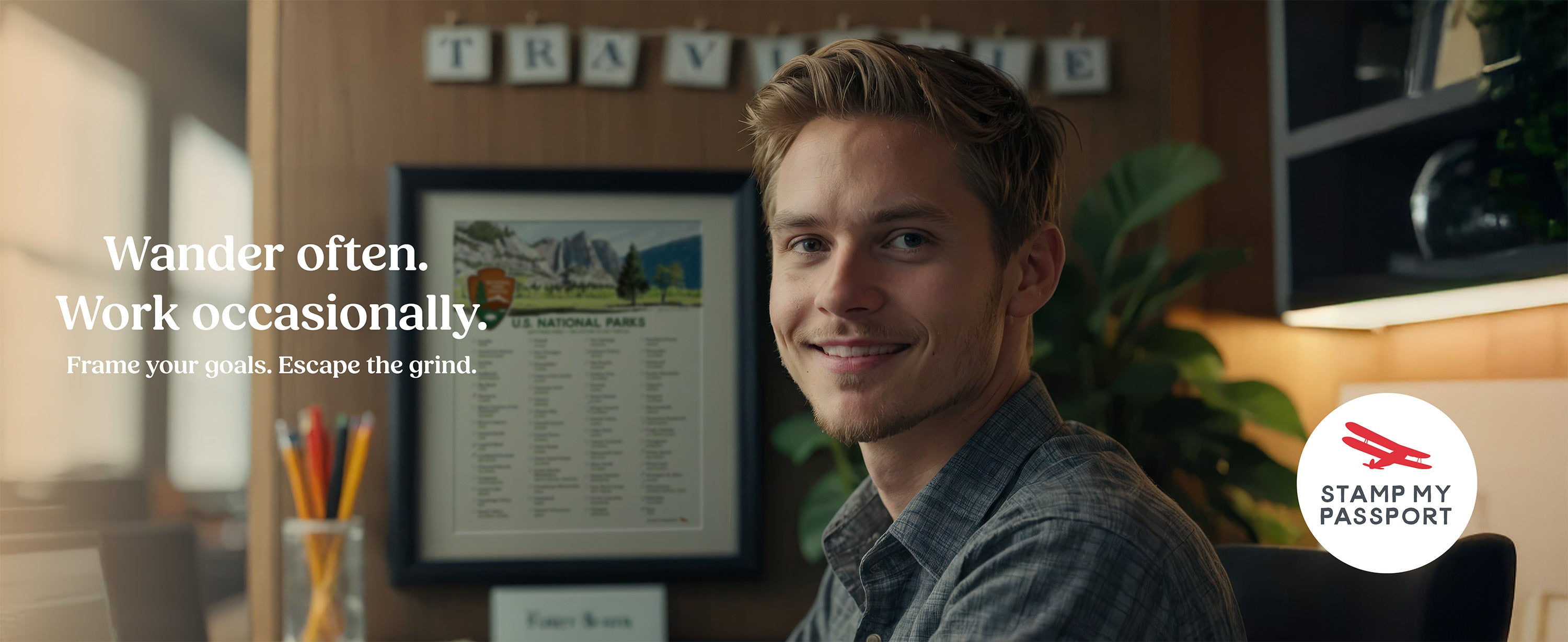 Office worker displaying National Parks checklist poster in a modern workspace — perfect travel-inspired decor