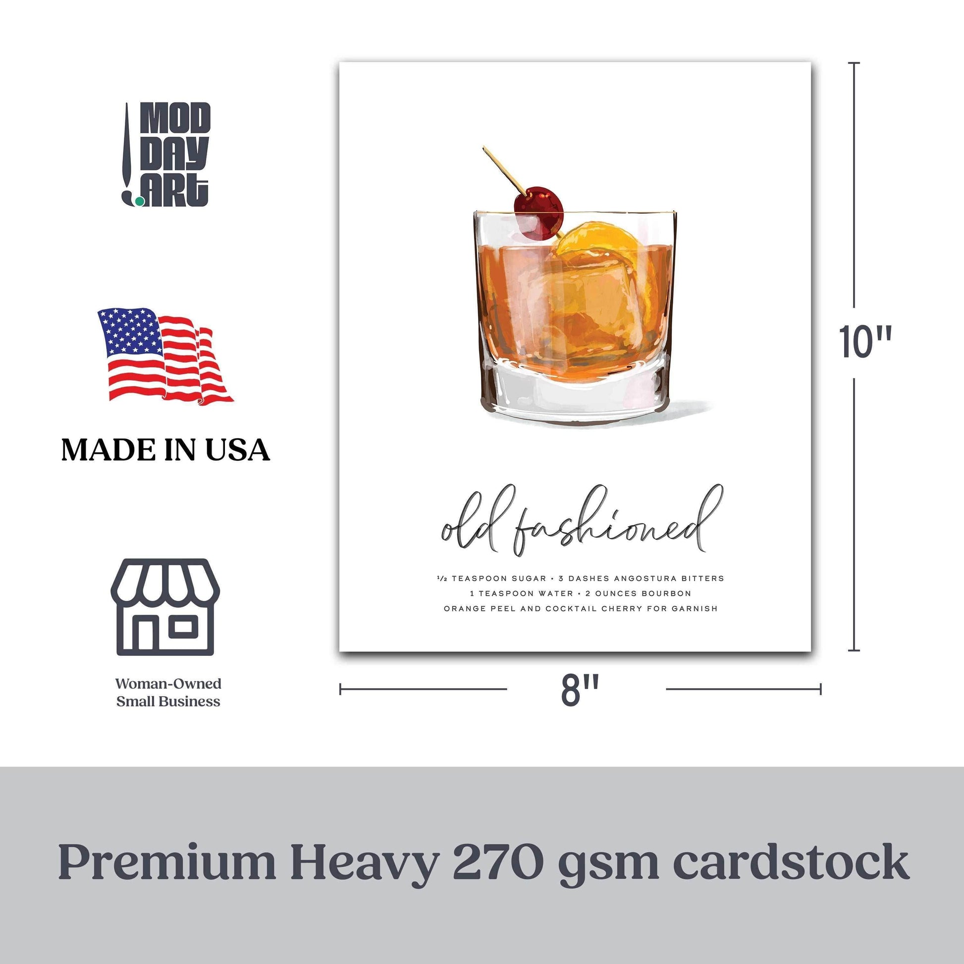 8x10 bourbon art print on premium cardstock, featuring classic recipe art.