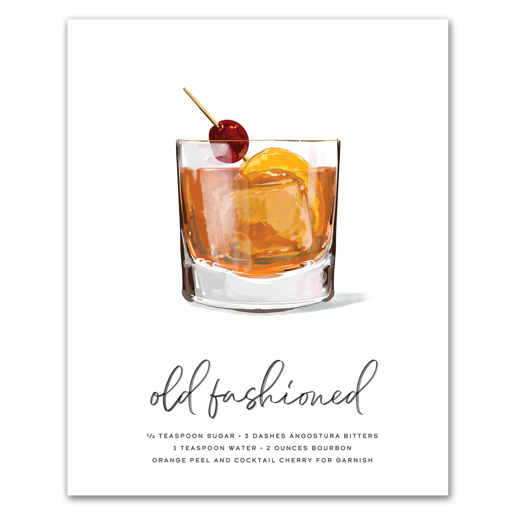 Old Fashioned hand-drawn illustration — bourbon cocktail recipe wall art with bitters, sugar, and orange peel, 8x10 print