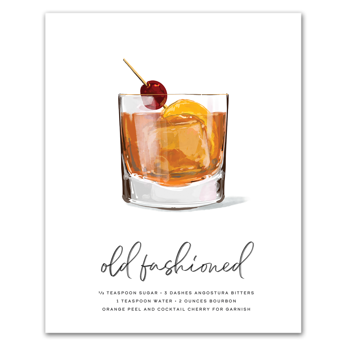 Old Fashioned hand-drawn illustration — bourbon cocktail recipe wall art with bitters, sugar, and orange peel, 8x10 print