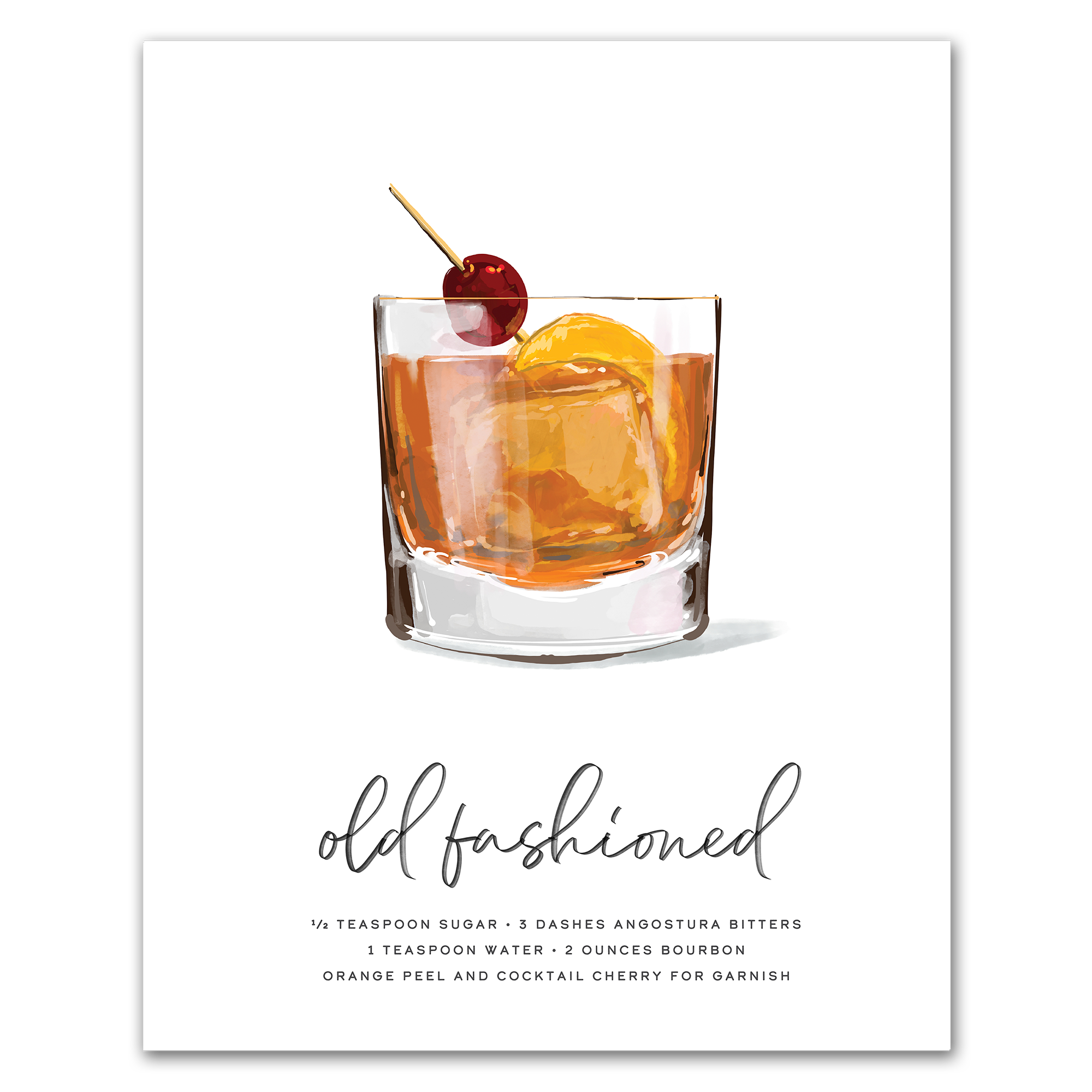 Old Fashioned hand-drawn illustration — bourbon cocktail recipe wall art with bitters, sugar, and orange peel, 8x10 print