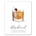 Old Fashioned recipe cocktail art featuring  a glass of old fashioned cocktail with cherry and orange peel on a white background