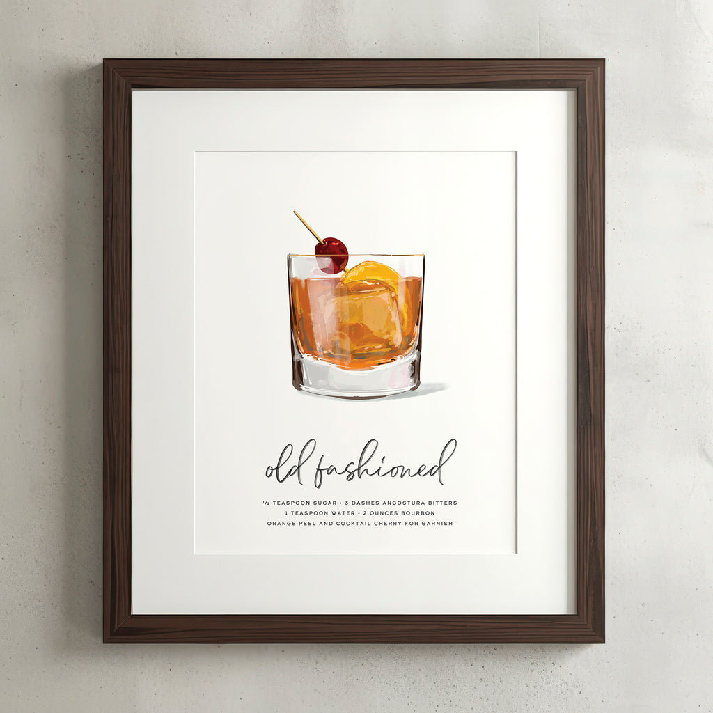 Old Fashioned bourbon cocktail wall art poster in a walnut frame, hand-drawn recipe illustration, 8x10 print