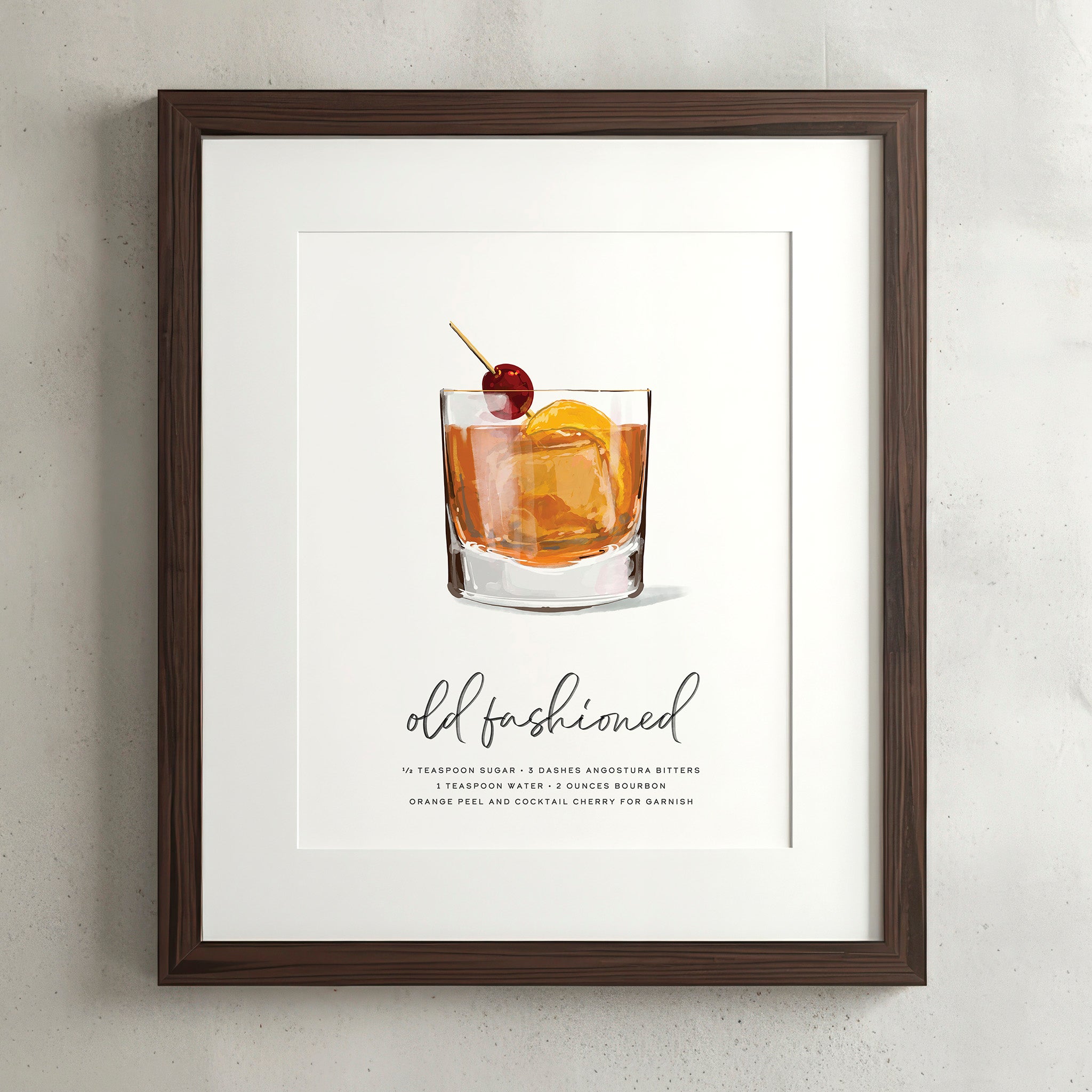 Old Fashioned bourbon cocktail wall art poster in a walnut frame, hand-drawn recipe illustration, 8x10 print