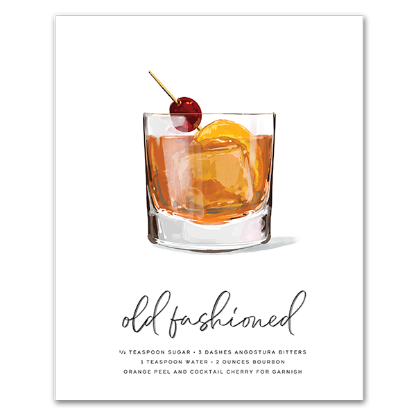 Old Fashioned bourbon cocktail wall art poster thumbnail, hand-drawn recipe illustration, 8x10 print