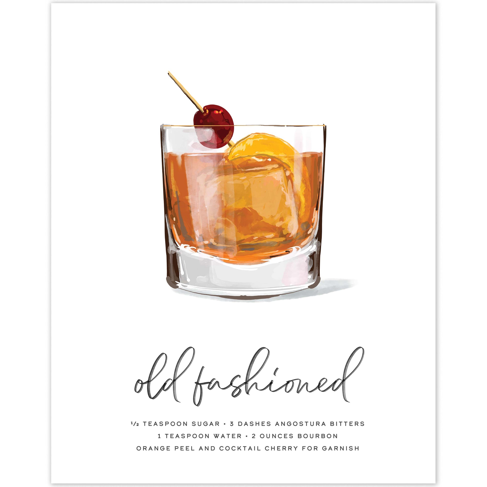 Old Fashioned cocktail wall art featuring drink ingredients and garnishes.