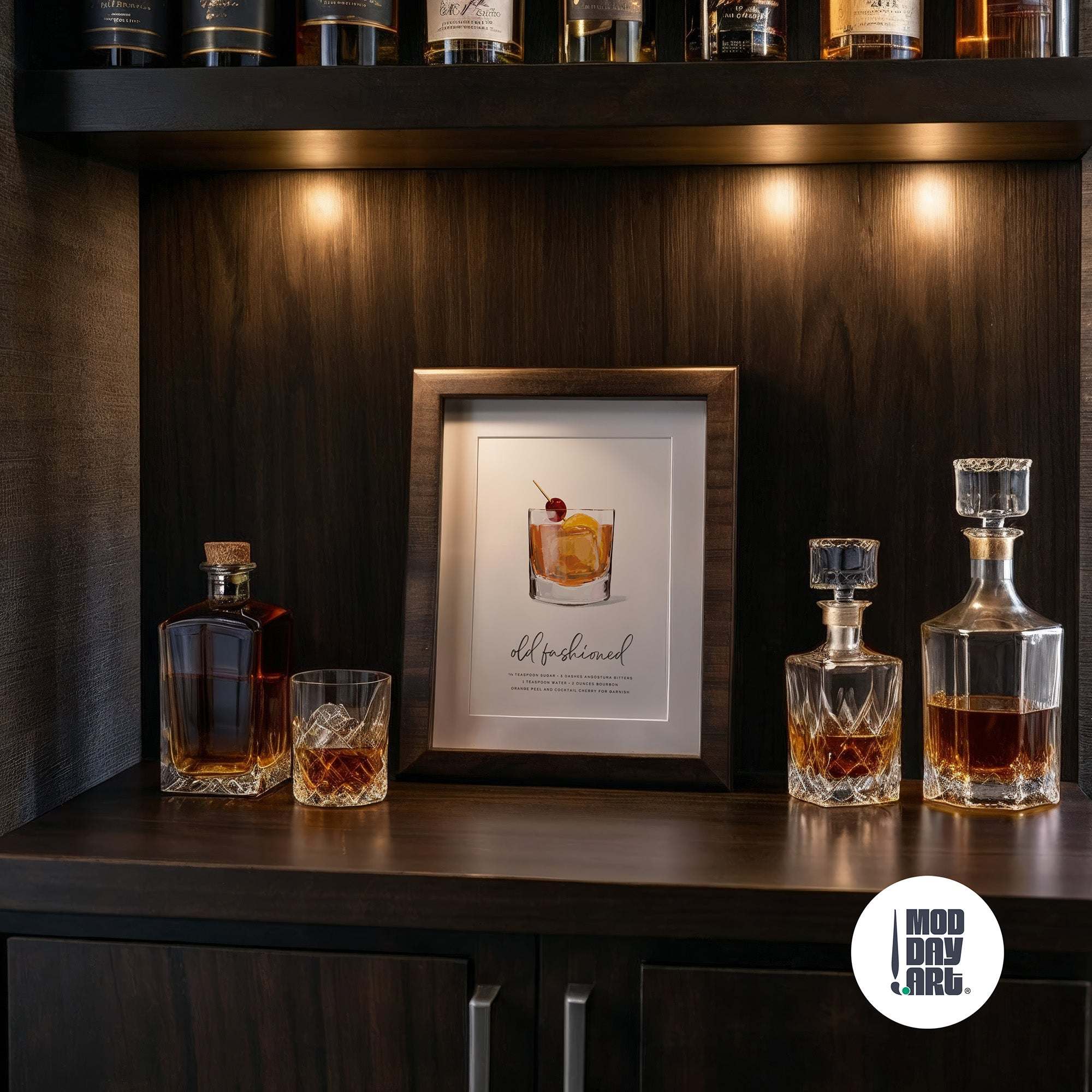 Old Fashioned bourbon wall art in liquor cabinet in home bar area.