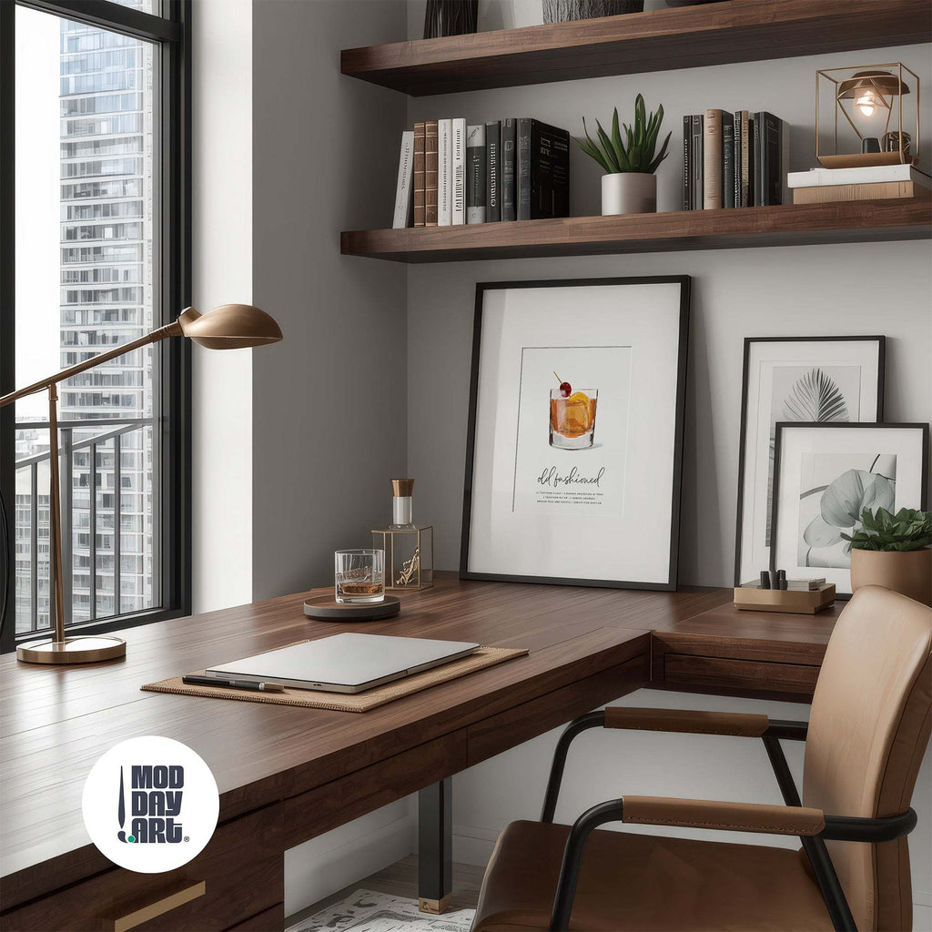 Old Fashioned bourbon art featured in modern home office with wooden desk, chair, and shelves with decor items.