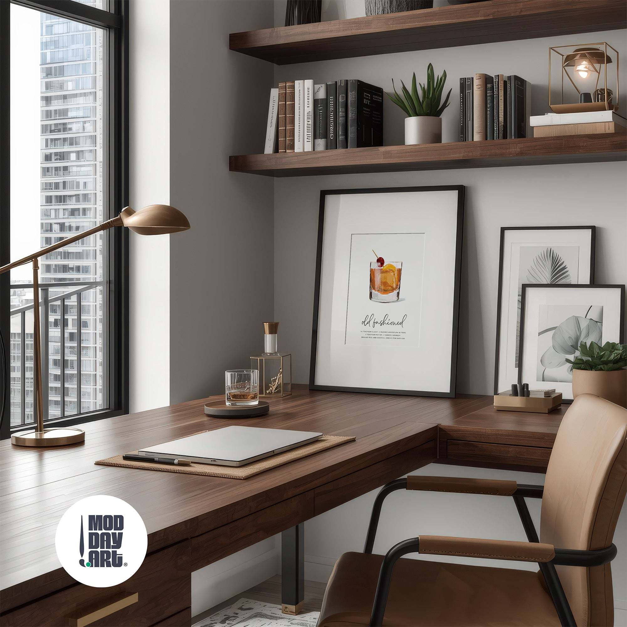 Old Fashioned bourbon art featured in modern home office with wooden desk, chair, and shelves with decor items.
