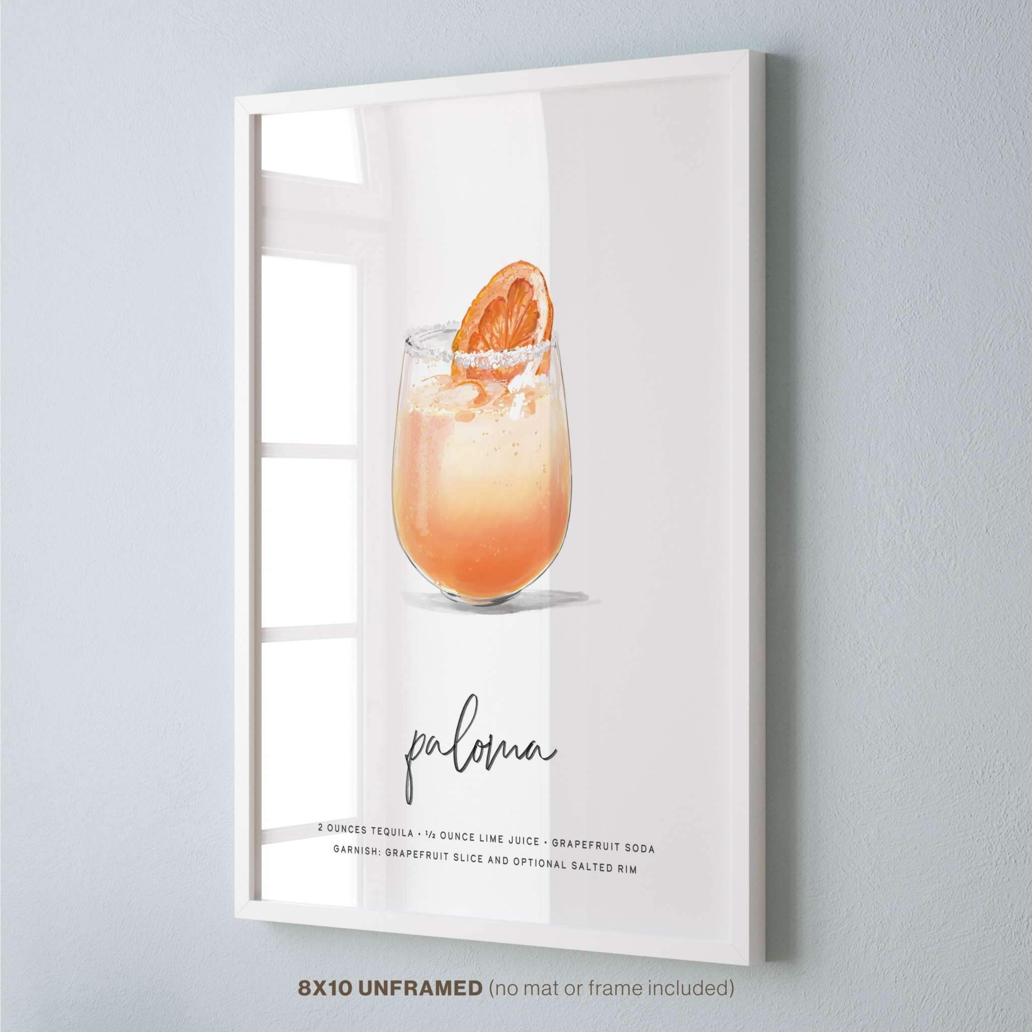 Paloma Cocktail poster in white frame on wall viewed from an angle.